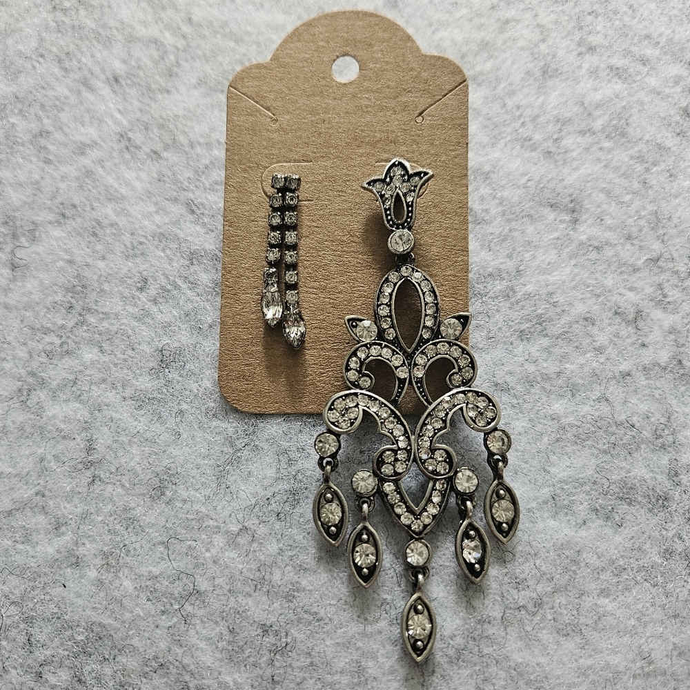 Asymmetrical Dark Silver Tone & Rhinestone Dangle Earrings